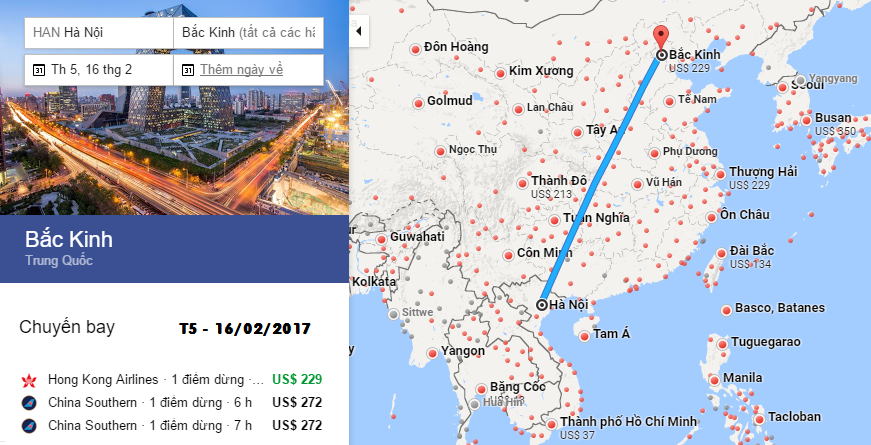 Bản đồ đường bay từ Hà Nội đến Bắc Kinh