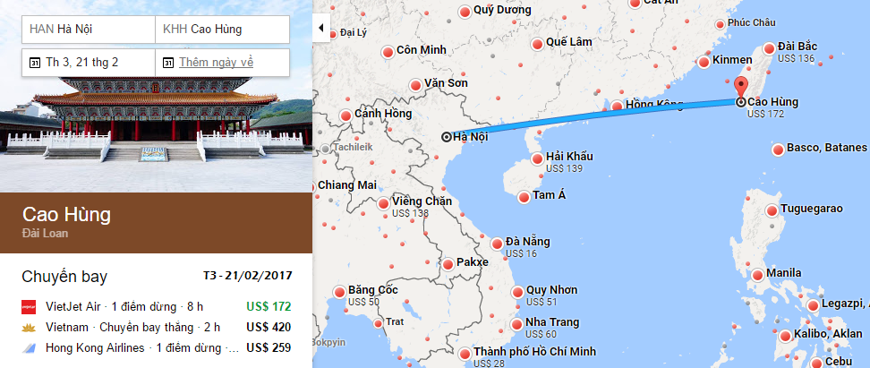 Bản đồ đường bay chặng Hà Nội - Cao Hùng