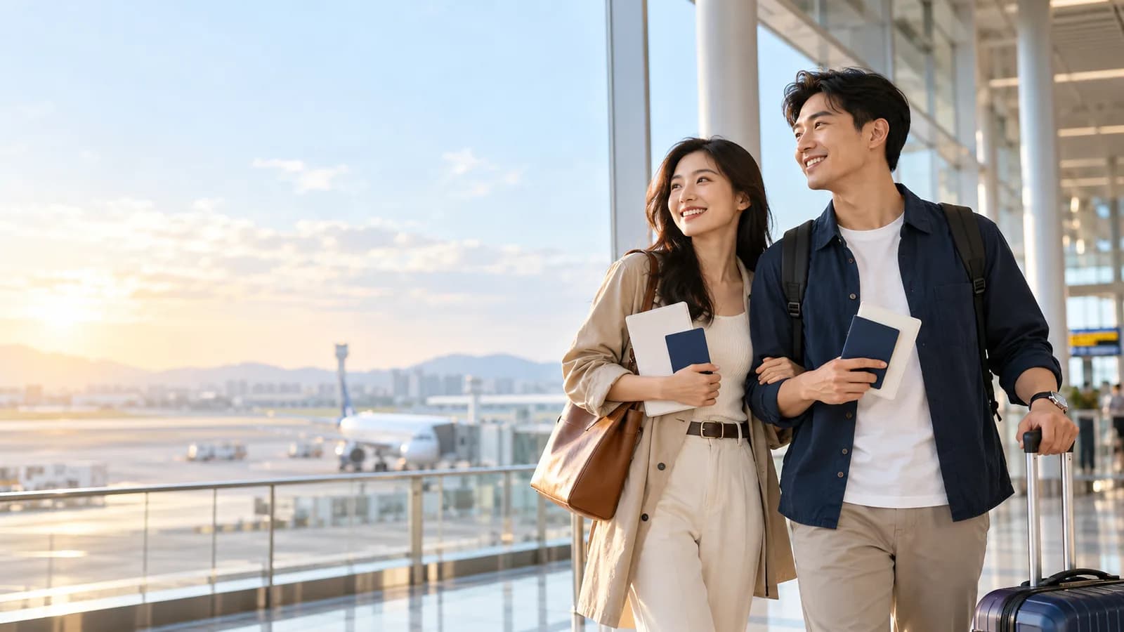 Cặp đôi chuẩn bị bảo hiểm du lịch quốc tế trước chuyến bay