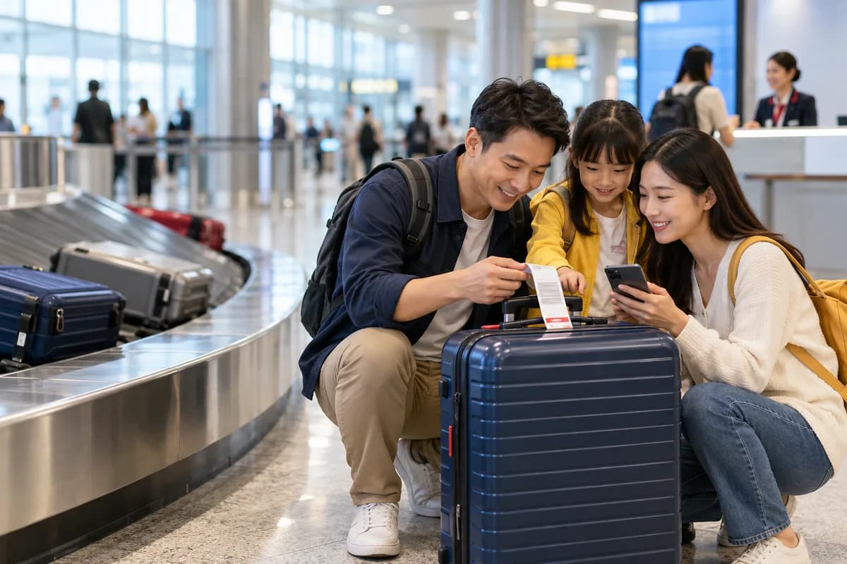 Gia đình kiểm tra hành lý và lịch trình tại sân bay