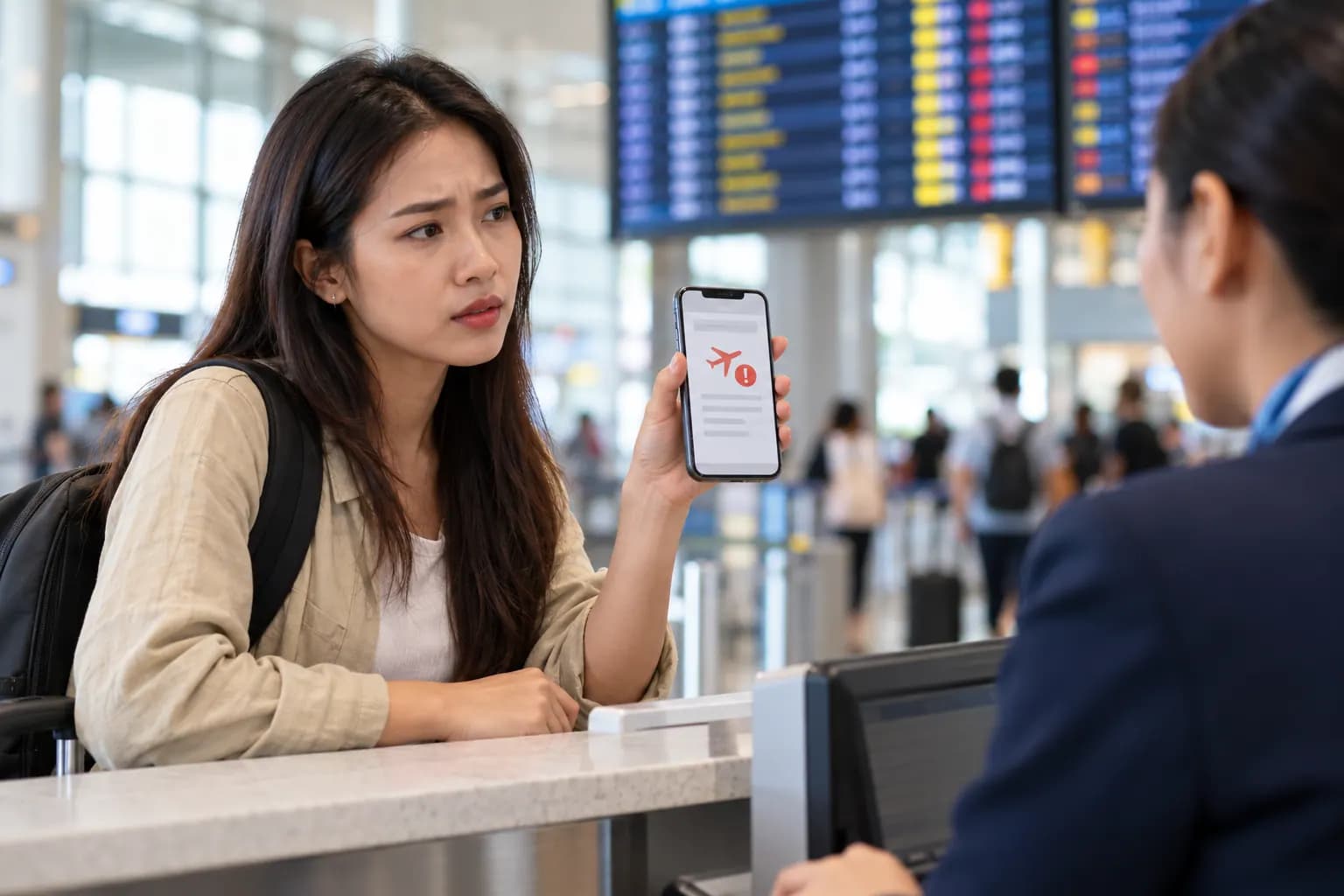 Hành khách kiểm tra thông báo chậm chuyến tại sân bay