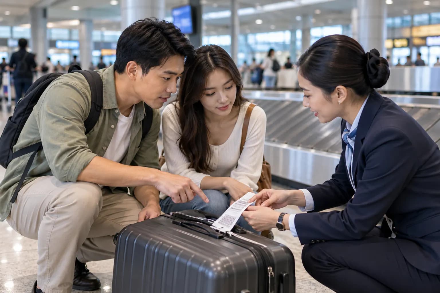 Hành khách làm việc với nhân viên hỗ trợ hành lý tại băng chuyền