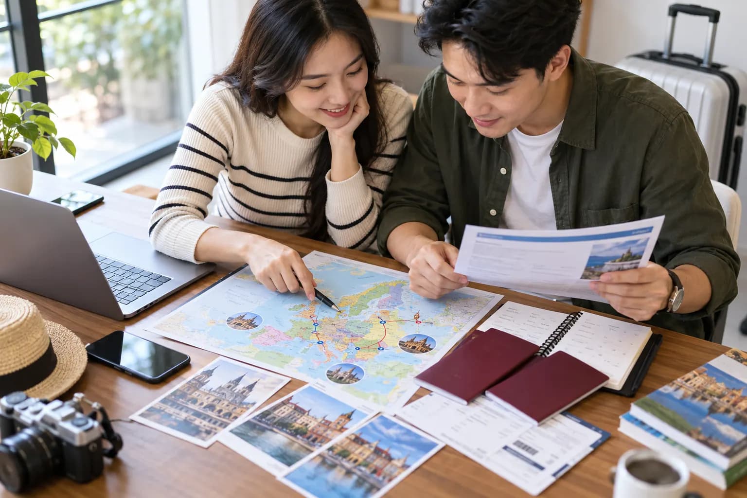 Cặp đôi đối chiếu lịch trình Châu Âu và chứng nhận bảo hiểm