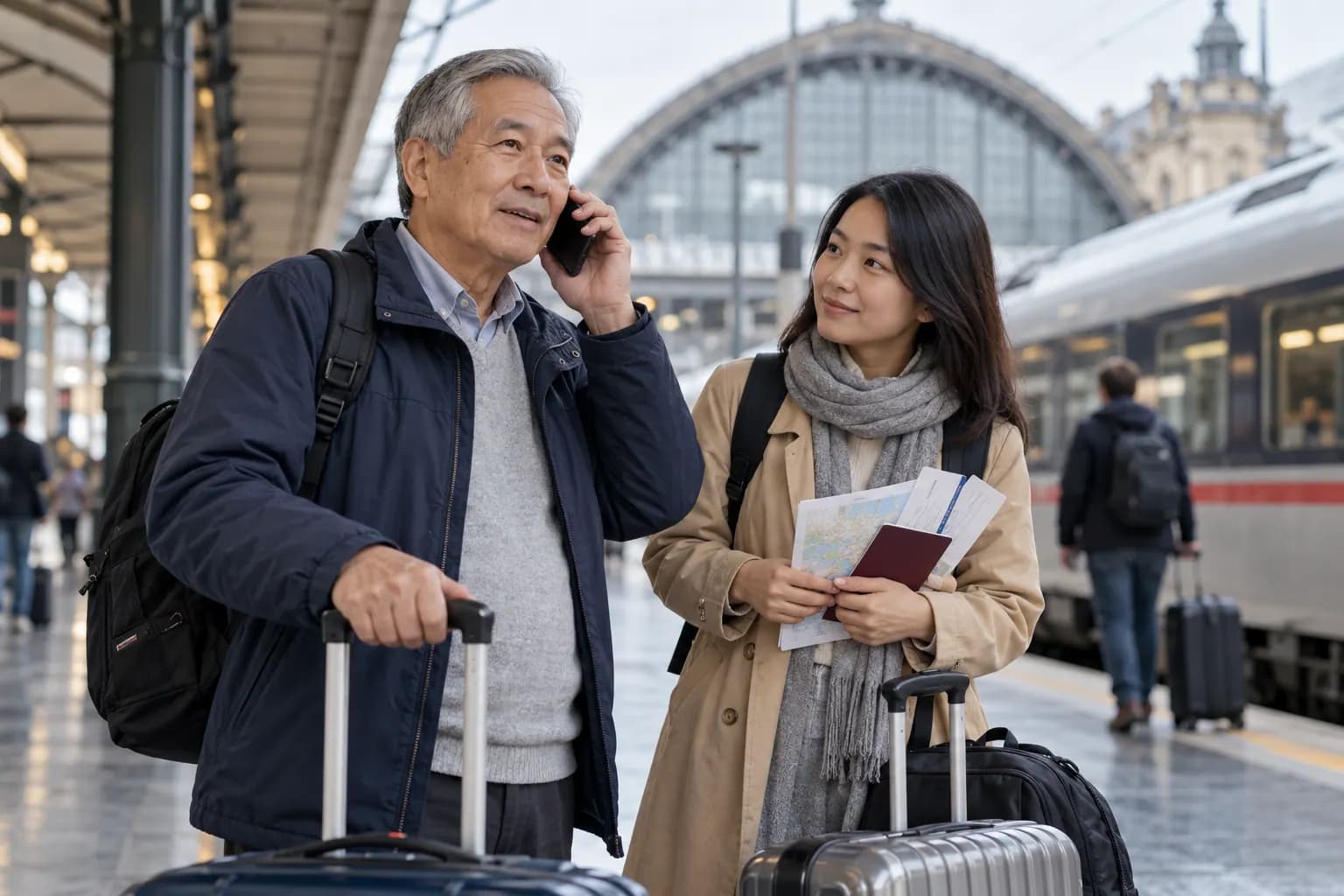 Du khách cao tuổi liên hệ trợ giúp trong ga tàu Châu Âu