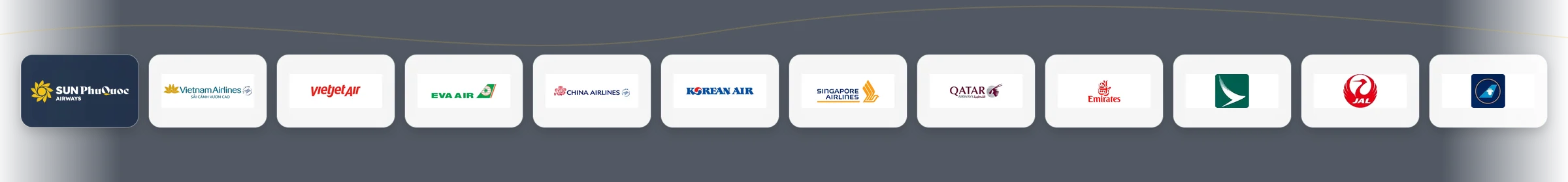 Logo các hãng hàng không chủ lực gồm Sun PhuQuoc Airways, Vietnam Airlines, Vietjet Air, EVA Air, China Airlines, Korean Air, Singapore Airlines, Qatar Airways, Emirates, Cathay Pacific, Japan Airlines và China Southern Airlines