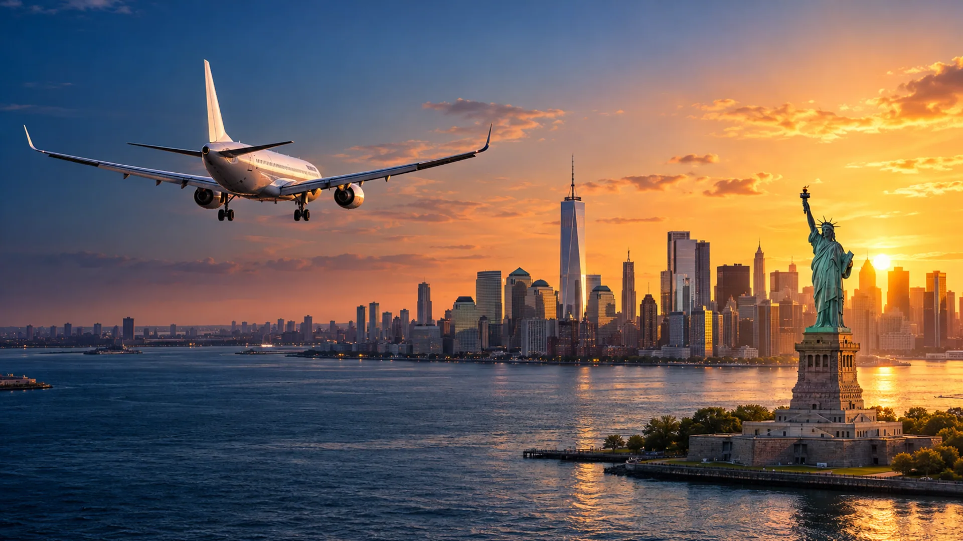 Máy bay hạ cánh trước đường chân trời New York và Tượng Nữ thần Tự do