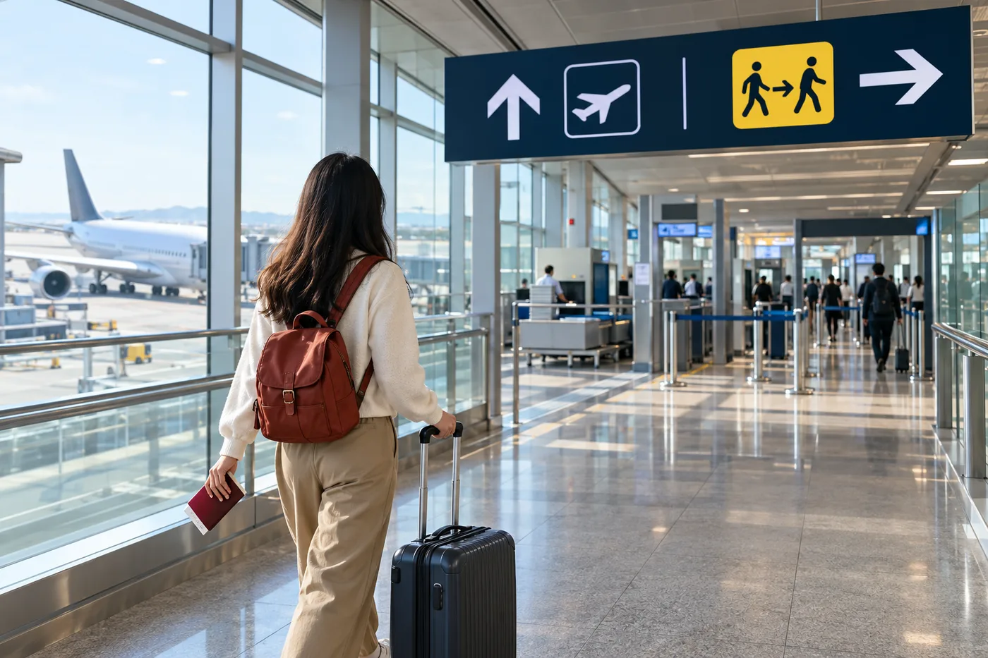 Hành khách theo biển chỉ dẫn chuyển tiếp tại sân bay quốc tế