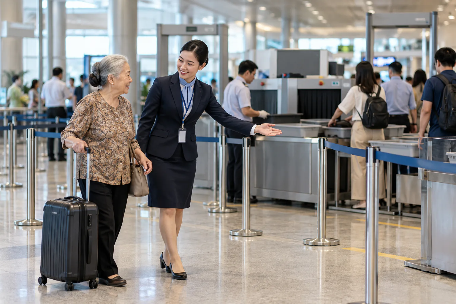 Nhân viên hướng dẫn hành khách cao tuổi đến luồng kiểm tra an ninh ưu tiên tại Tân Sơn Nhất